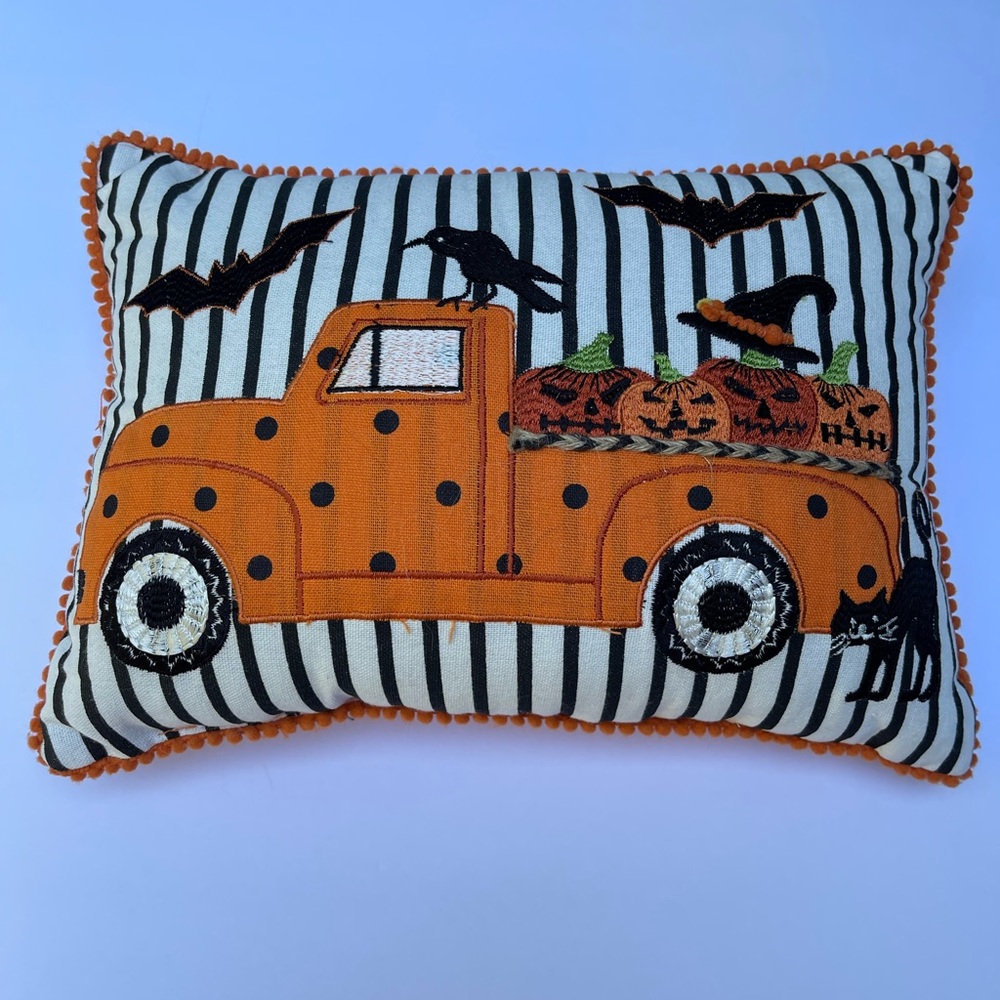 Witch Crafters Halloween Throw Pillow Truck Scene w/ Bats Crows & Pumpkins